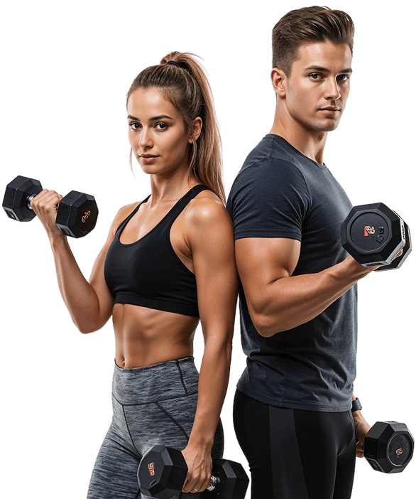 A man and a woman working out with dumbbells